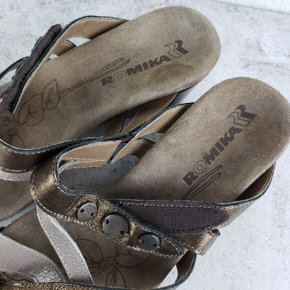 Romika Metallic Leather Wedge Sandals Slides Comfort Shoes size 39 US 8.5 - Picture 7 of 14